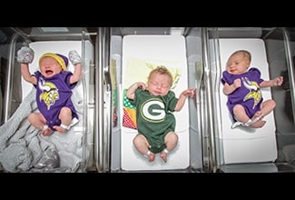 Border battle babies born this week at St. Cloud Hospital's Family Birthing Center include (from left to right) Riley, Hugo and Vaeda. This week, babies born at the Family Birthing Center will begin sporting either a purple and gold Minnesota Vikings onesie or a green and gold Green Bay Packers onesie — based on the choice of their families, of course.