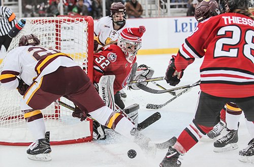 Photos from the St. Cloud State vs. University of Minnesota-Duluth women’s hockey game at Hockey Day Minnesota 2018. St. Cloud State won the game in a shootout.